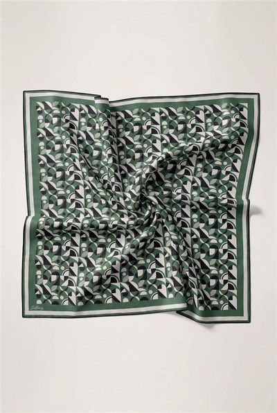 Pamuk Karışımlı Eşarp Yeşil Retro Geometrik Desenli Soft Dokulu Kaymaz 90x90