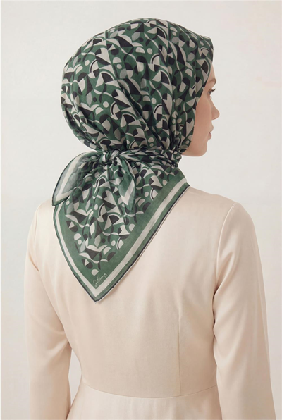 Pamuk Karışımlı Eşarp Yeşil Retro Geometrik Desenli Soft Dokulu Kaymaz 90x90