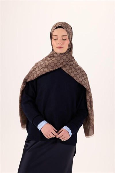 Pamuk Karışımlı Liva Şal Kahverengi-Vizon Desenli Tok Duruşlu Nefes Alan 90x200