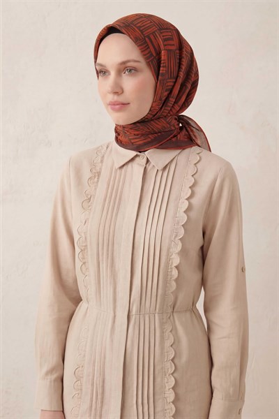 Pamuk Karışımlı Soft Eşarp Çizgi Desen Pas Rengi 90x90