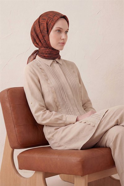 Pamuk Karışımlı Soft Eşarp Çizgi Desen Pas Rengi 90x90