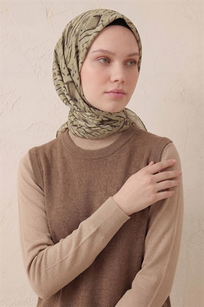 Pamuk Karışımlı Soft Eşarp Fırça Darbeli Desen Yeşil Bej 90x90