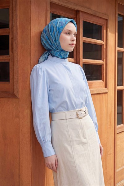 Pamuk Karışımlı Soft Eşarp Sis Motif Desen Gök Mavi 90X90