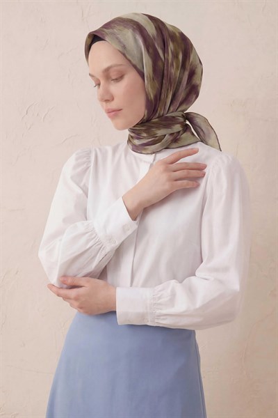 Pamuk Karışımlı Soft Eşarp Soyut Fırça Desen Su Yeşili 90X90