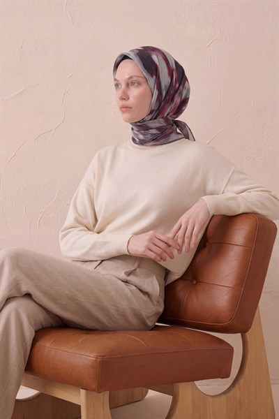 Pamuk Karışımlı Soft Eşarp Soyut Fırça Desen Gümüş 90X90
