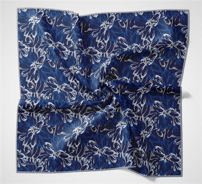 Pamuk Polyester Eşarp Gece Mavisi-Beyaz Saks Taş Botanik Desenli Soft Dokulu Tok Duruşlu 90x90