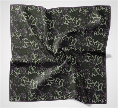 Pamuk Polyester Eşarp Kına Yeşili-Eflatun Mor Su Yeşili Botanik Desenli Soft Dokulu Tok Duruşlu 90x90