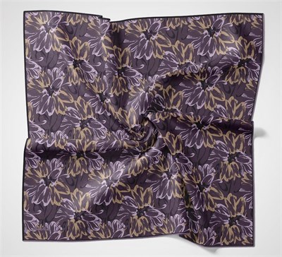 Pamuk Polyester Eşarp Mor-Lila Gold Botanik Desenli Soft Dokulu Tok Duruşlu 90x90