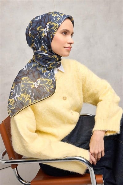 Pamuk Polyester Eşarp Petrol Mavisi Botanik Desenli Soft Dokulu Kaymaz 90x90