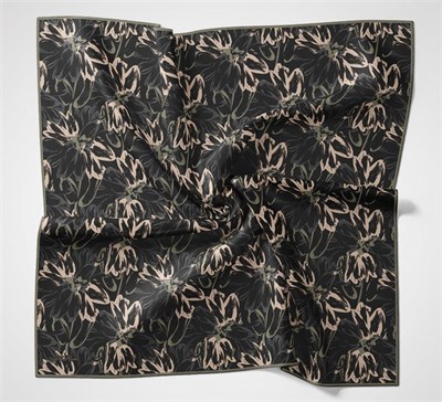 Pamuk Polyester Eşarp Siyah-Antrasit Bej Yeşil Botanik Desenli Soft Dokulu Tok Duruşlu 90x90