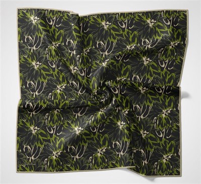 Pamuk Polyester Eşarp Siyah-Haki Yeşil Bej Botanik Desenli Soft Dokulu Tok Duruşlu 90x90