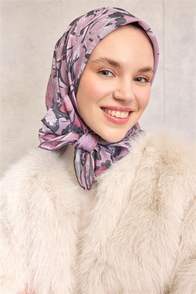 Pamuk Polyester Eşarp Toz Pembe Büyük Papatya Desenli Soft Dokulu Kaymaz 90x90