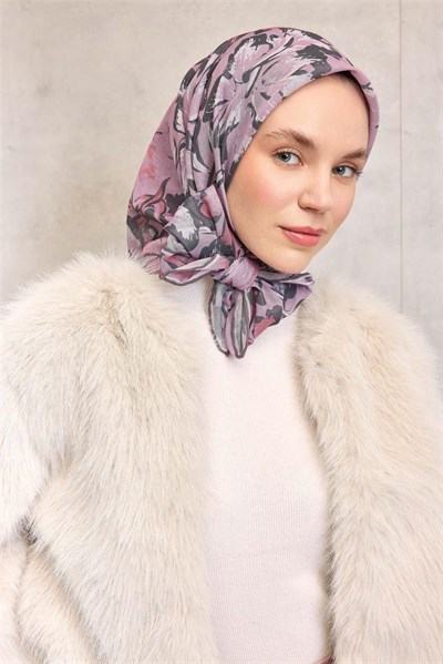 Pamuk Polyester Eşarp Toz Pembe Büyük Papatya Desenli Soft Dokulu Kaymaz 90x90