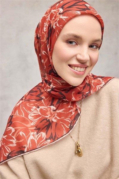 Pamuk Polyester Eşarp Turuncu-Siyah Yavruağzı Ekru Botanik Desenli Soft Dokulu Tok Duruşlu 90x90