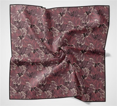 Pamuk Polyester Eşarp Vişne-Krem Siyah Narçiçeği Botanik Desenli Soft Dokulu Tok Duruşlu 90x90