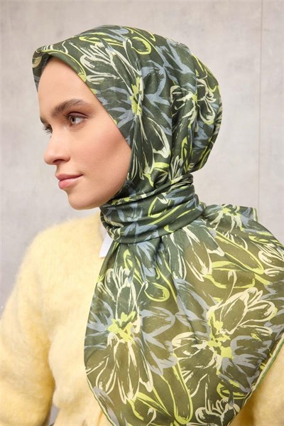 Pamuk Polyester Eşarp Yeşil-Fosfor Sarı Gri Krem Botanik Desenli Soft Dokulu Tok Duruşlu 90x90