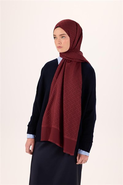 Pamuk Polyester Liva Şal Bordo Desenli Tok Duruşlu 90x200