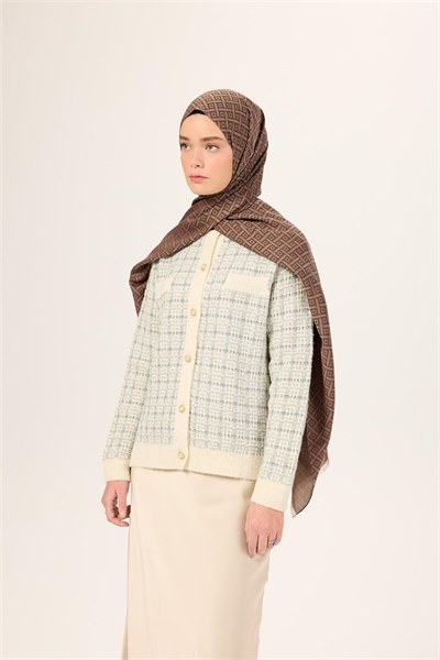Pamuk Polyester Liva Şal Kahverengi-Vizon Desenli Dokulu Nefes Alan 90x200
