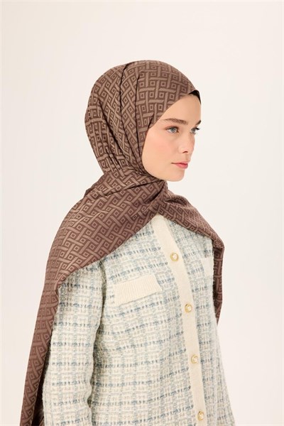 Pamuk Polyester Liva Şal Kahverengi-Vizon Desenli Dokulu Nefes Alan 90x200