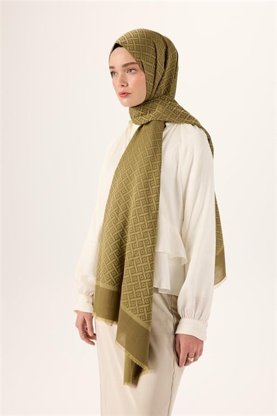 Pamuk Polyester Liva Şal Olive Desenli Tok Duruşlu 90x200