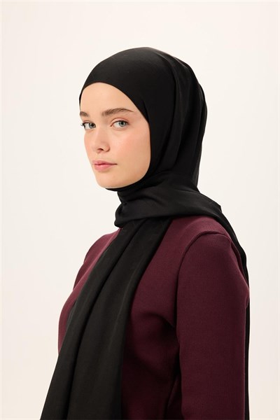 Pamuk Polyester Liva Şal Siyah Düz Dokulu Tok Duruşlu 90x200