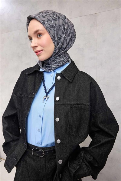 Pamuk Polyester Soft Eşarp Açık Gri Çiçek Desenli Kaymaz Dokulu 90x90