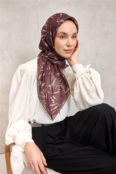 Pamuk Polyester Soft Eşarp Açık Kahverengi Soyut Desenli Tok Duruşlu 90x90