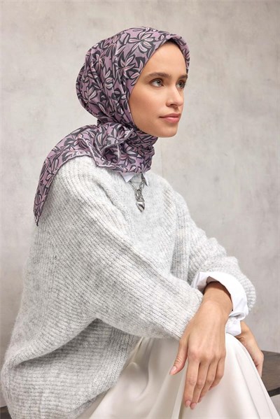 Pamuk Polyester Soft Eşarp Açık Pembe Flora Desenli Kaymaz Dokulu 90x90