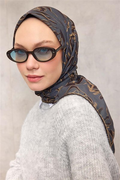 Pamuk Polyester Soft Eşarp Antrasit Soyut Desenli Nefes Alan Hafif 90x90