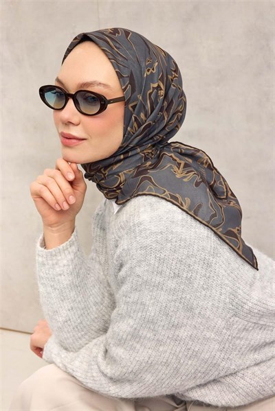 Pamuk Polyester Soft Eşarp Antrasit Soyut Desenli Nefes Alan Hafif 90x90