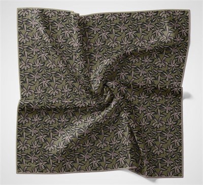 Pamuk Polyester Soft Eşarp Asker Yeşili Flora Desenli Kaymaz Dokulu 90x90