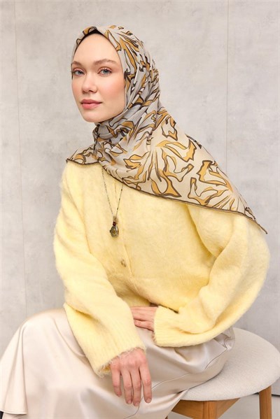 Pamuk Polyester Soft Eşarp Bej Soyut Desenli Tok Duruşlu 90x90