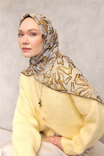 Pamuk Polyester Soft Eşarp Bej Soyut Desenli Tok Duruşlu 90x90