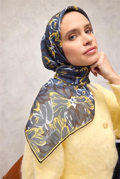 Pamuk Polyester Soft Eşarp Botanik Desen Petrol Mavisi 90*90