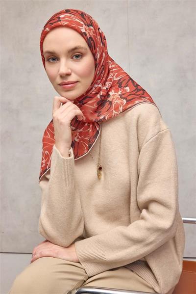 Pamuk Polyester Soft Eşarp Botanik Desen Turuncu 90*90