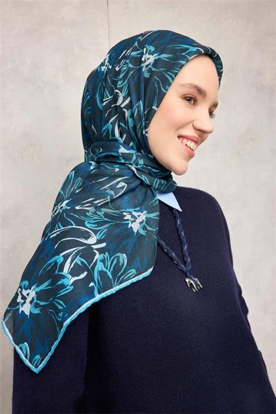 Pamuk Polyester Soft Eşarp Botanik Desen Lacivert 90*90