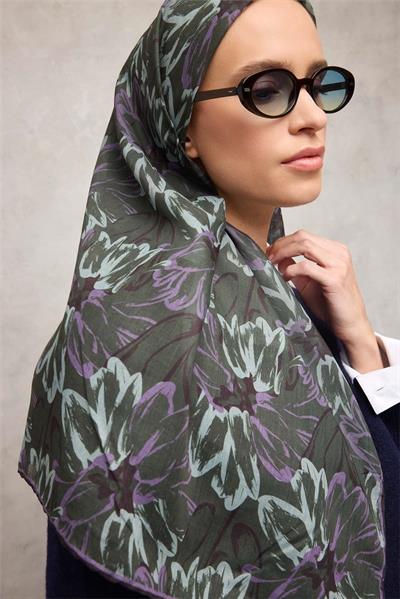 Pamuk Polyester Soft Eşarp Botanik Desen Kına Yeşili 90*90