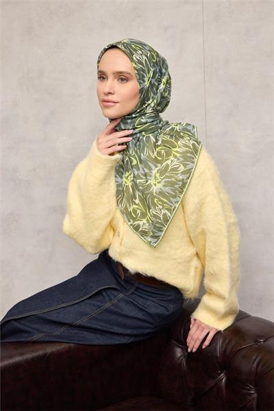 Pamuk Polyester Soft Eşarp Botanik Desen Yeşil 90*90