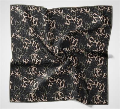 Pamuk Polyester Soft Eşarp Botanik Desen Siyah Antrasit 90*90