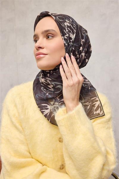 Pamuk Polyester Soft Eşarp Botanik Desen Siyah Antrasit 90*90