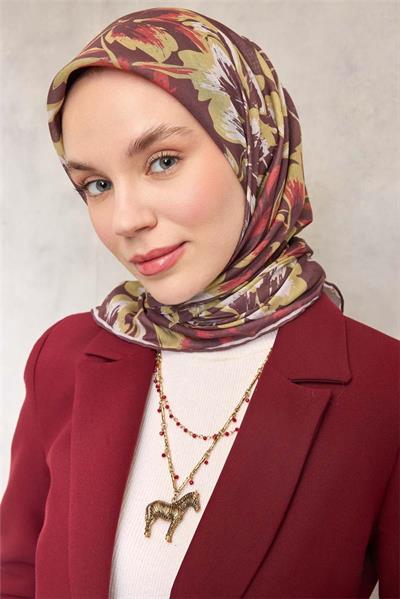 Pamuk Polyester Soft Eşarp Büyük Papatya Desen Kahverengi 90x90