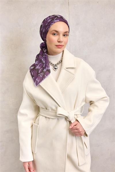 Pamuk Polyester Soft Eşarp Büyük Papatya Desen Mor 90x90