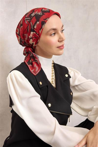 Pamuk Polyester Soft Eşarp Büyük Papatya Desen Bayrak Kırmızısı 90x90