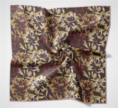 Pamuk Polyester Soft Eşarp Büyük Papatya Desen Kahverengi 90x90