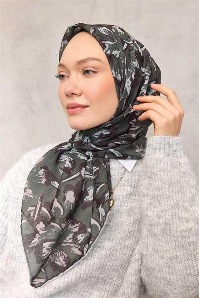 Pamuk Polyester Soft Eşarp Büyük Papatya Desen Asker Yeşili 90x90