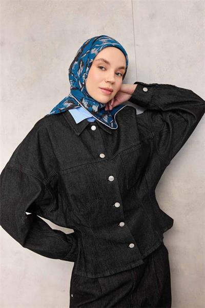 Pamuk Polyester Soft Eşarp Büyük Papatya Desen Pastel Mavi 90x90