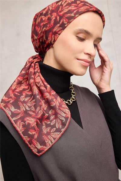 Pamuk Polyester Soft Eşarp Çiçek Desen Kahverengi 90*90