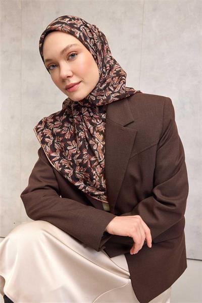 Pamuk Polyester Soft Eşarp Çiçek Desen Koyu Kahverengi 90*90
