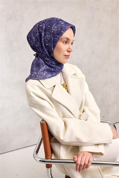 Pamuk Polyester Soft Eşarp Çiçek Desen Mor 90*90
