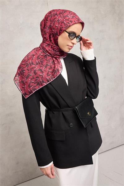 Pamuk Polyester Soft Eşarp Çiçek Desen Vişne 90*90